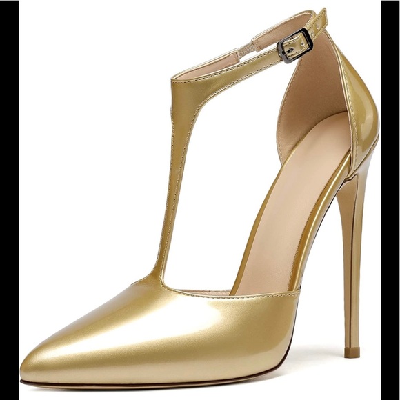 NWT SAMMITOP Women's Pointed Toe High Heel T-Strap Pumps in Gold - Picture 2 of 12